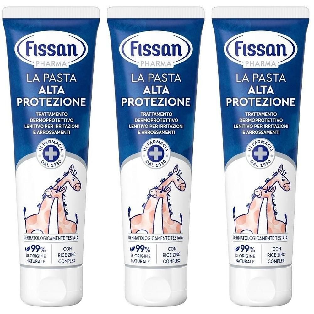 Tre tubetti Fissan Pharma La Pasta Alta Protezione con disegno di giraffa. Testato dermatologicamente, 99% origine naturale.