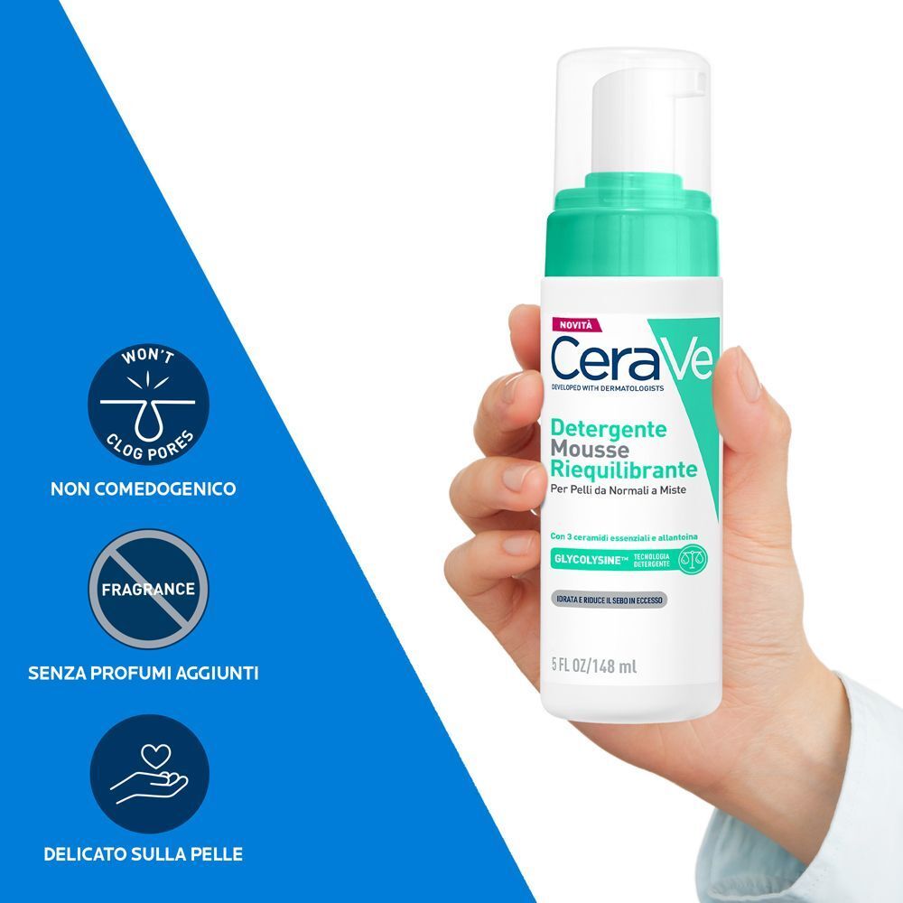 CeraVe Mousse Detergente Riequilibrante, Per Pelli Sensibili da Normali a Miste, 148ml