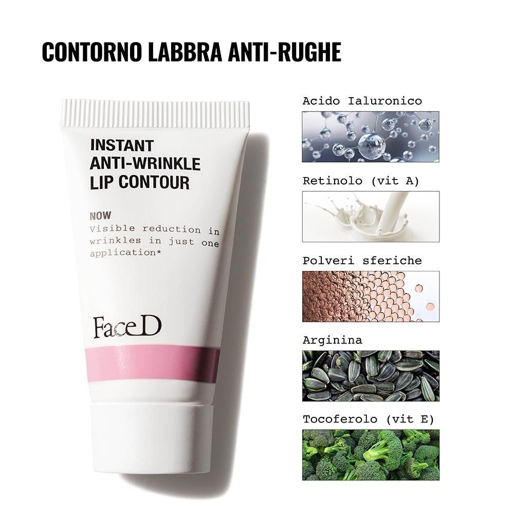 Tubo Face D Contorno Labbra con ingredienti: Acido Ialuronico, Retinolo, Polveri, Arginina, Tocoferolo.