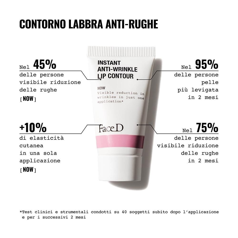 Tubo Face D Contorno Labbra con risultati clinici su riduzione rughe e compattezza pelle.