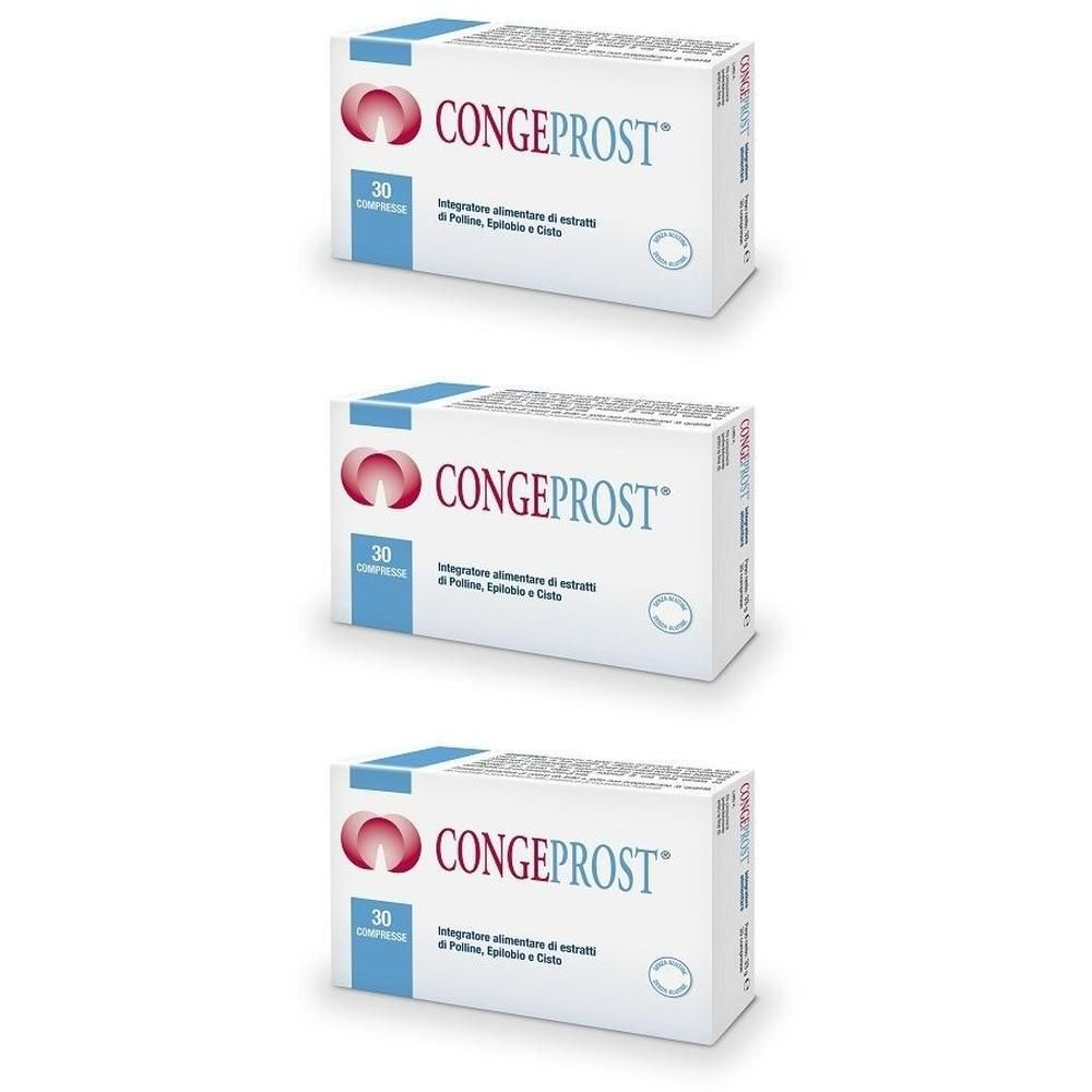 Tre confezioni di compresse Congeprost, ogni confezione contiene 30 compresse.