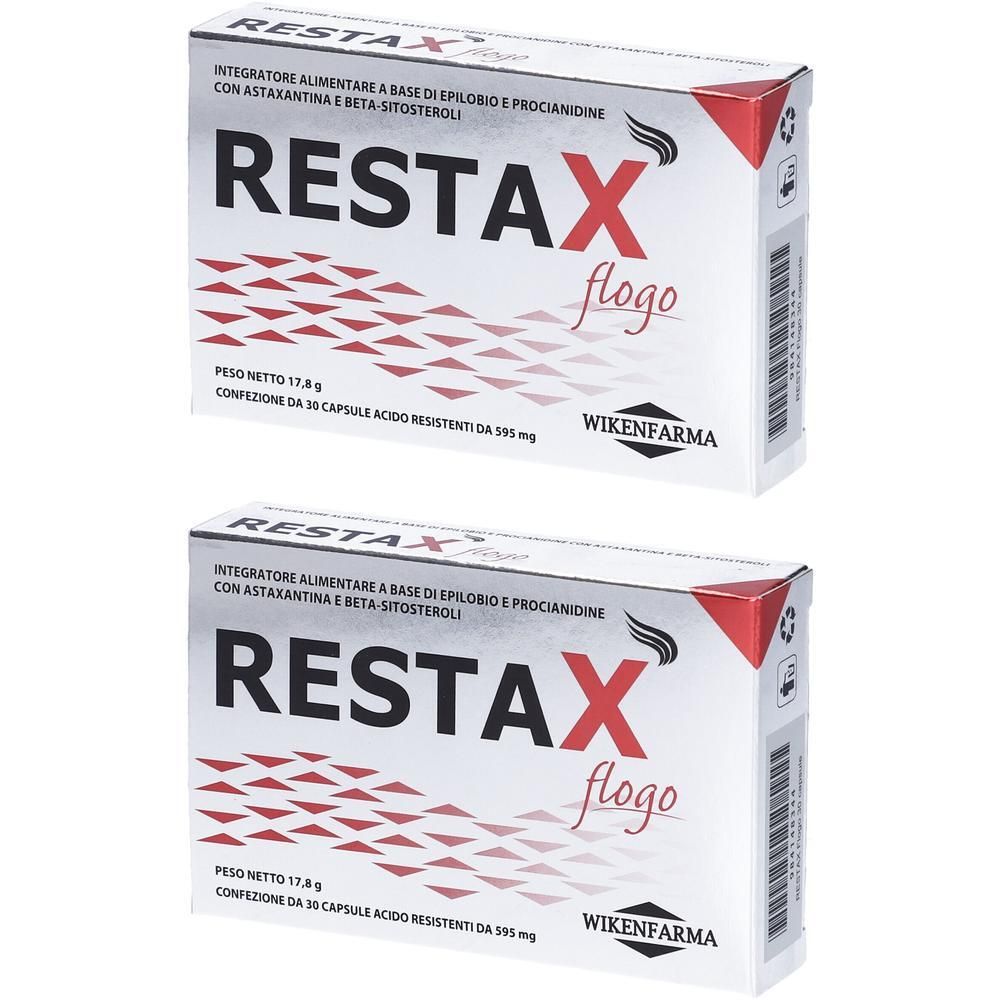 Due confezioni di capsule Restax Flogo. Scatole bianche con scritte rosse e nere.