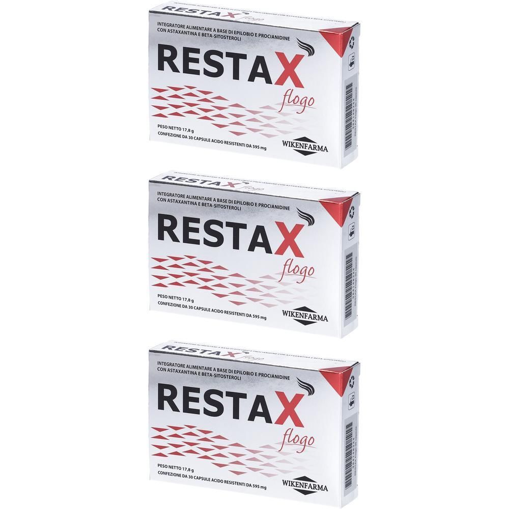Tre scatole di Restax Flogo, integratore alimentare, ciascuna con 30 capsule.