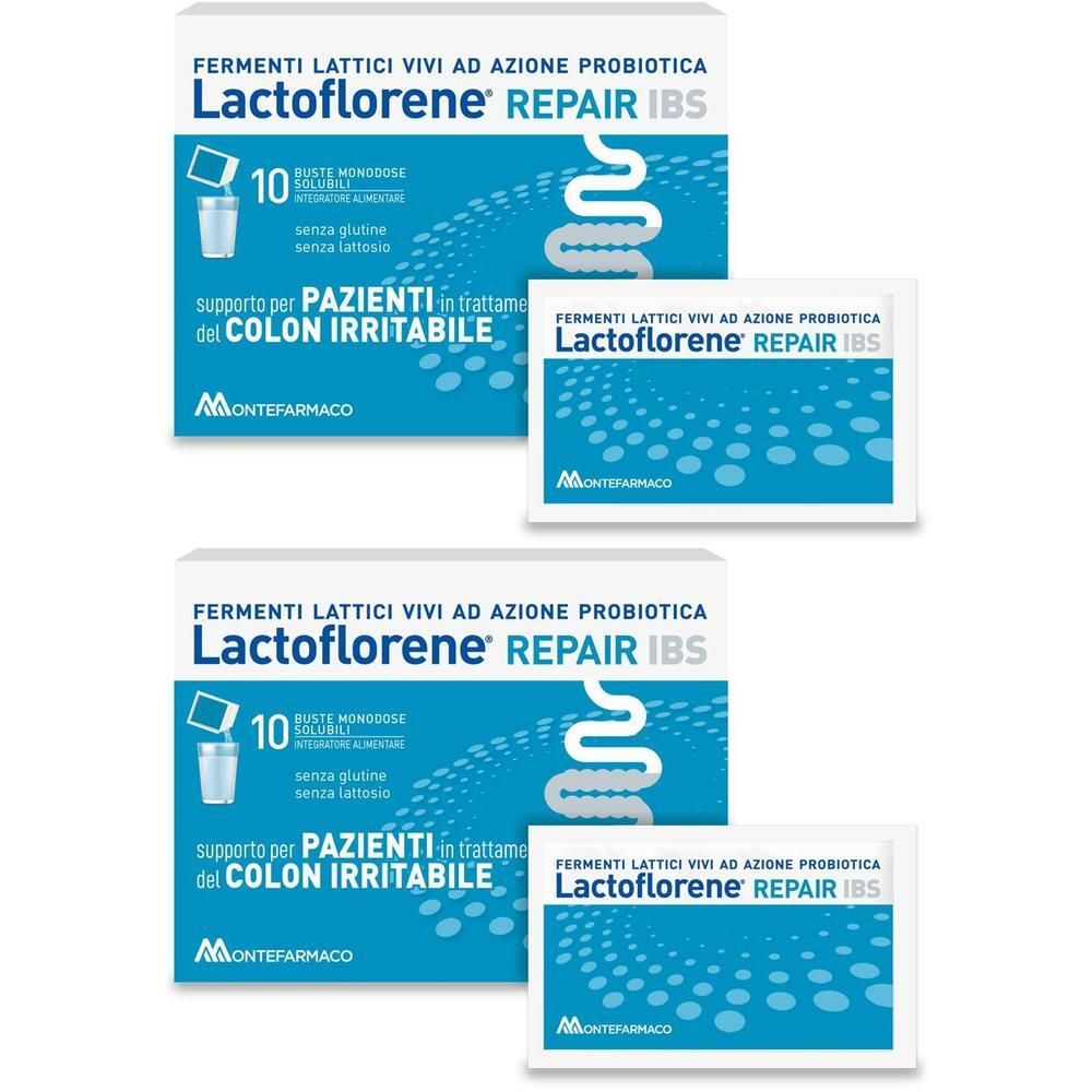 Due confezioni di Lactoflorene Repair IBS da 10 bustine per il colon irritabile.