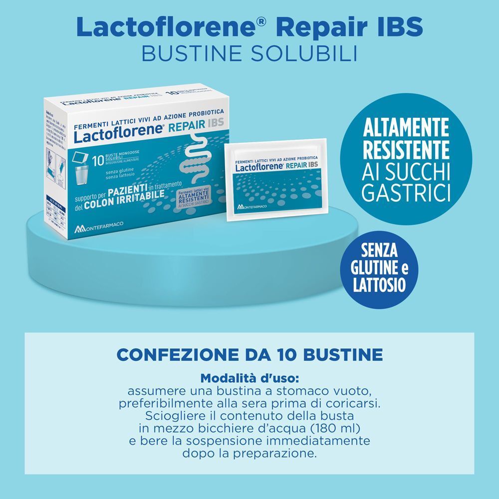 Lactoflorene Repair IBS: 10 bustine solubili, resistenti ai succhi gastrici, senza glutine e lattosio.