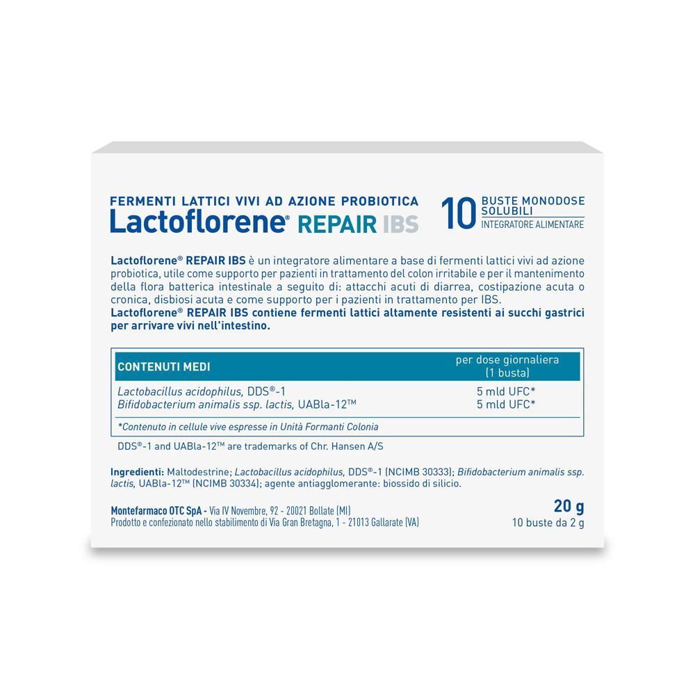 Retro della confezione Lactoflorene Repair IBS con informazioni nutrizionali e ingredienti.