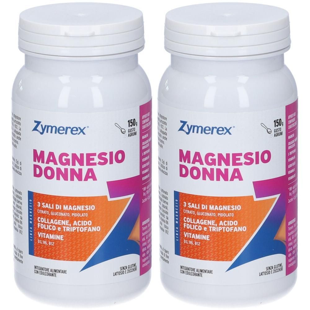 Due flaconi di Zymerex Magnesio Donna, integratore alimentare con magnesio, collagene, acido folico e vitamine.
