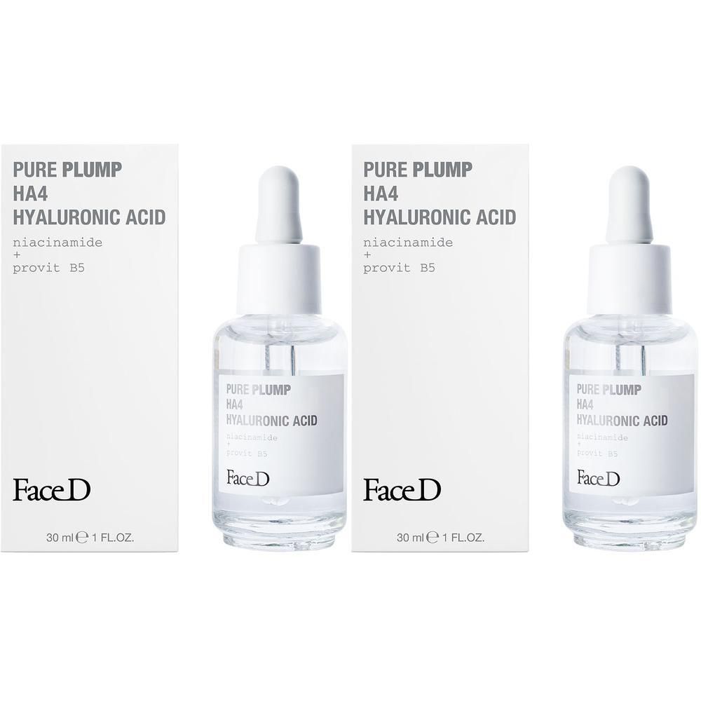 Due flaconi di Face D Pure Plump HA4 Acido Ialuronico con contagocce e confezione.