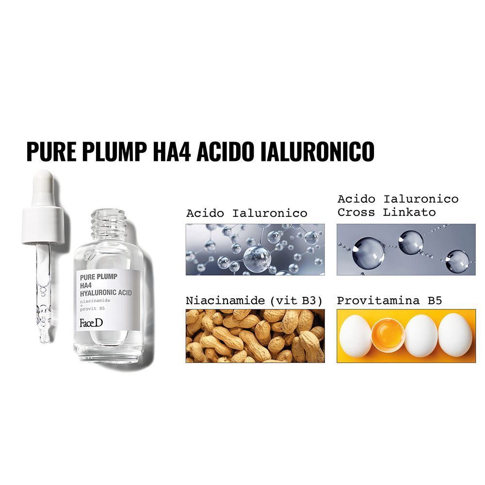 Face D Pure Plump HA4 Acido Ialuronico: flacone e immagini degli ingredienti (acido ialuronico, niacinamide, provitamina B5).