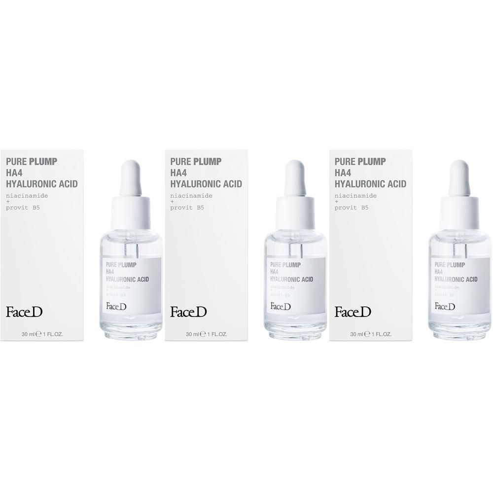 Quattro flaconi di Face D Pure Plump HA4 Acido Ialuronico con contagocce e confezioni.