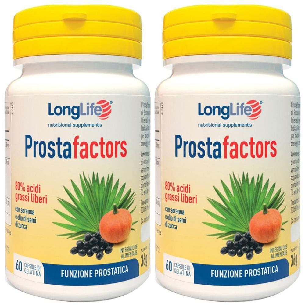 Due flaconi di LongLife ProstaFactors con tappi gialli. Contiene Serenoa e semi di zucca.