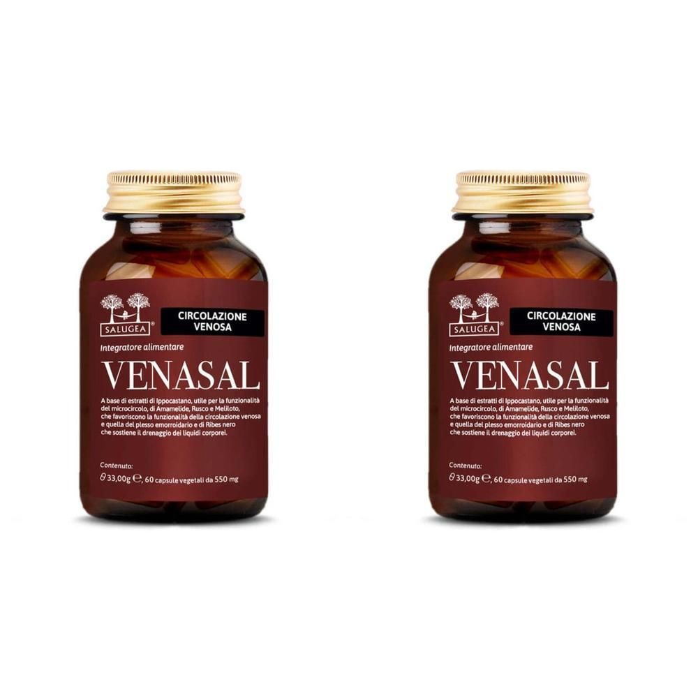 Due flaconi di Venasal Salugea, integratore alimentare per vene e capillari.