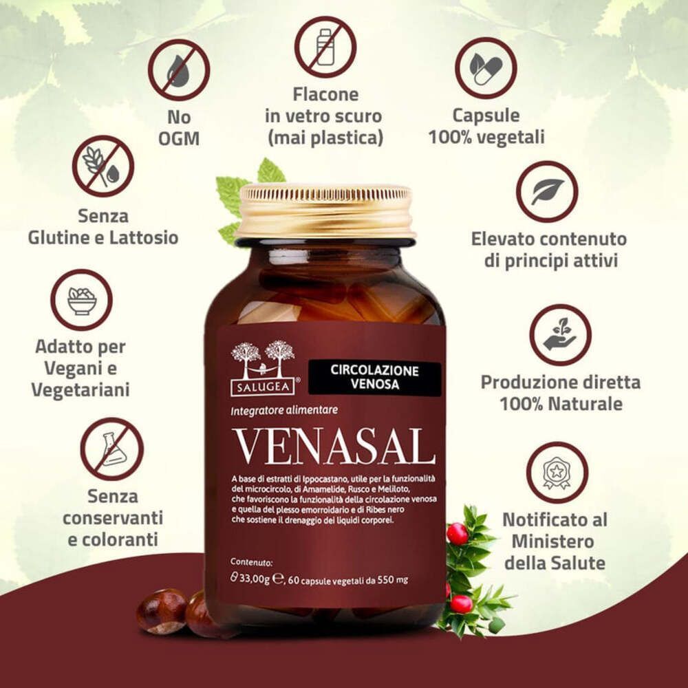 Flacone Venasal Salugea con icone: No OGM, per vegani, senza conservanti.
