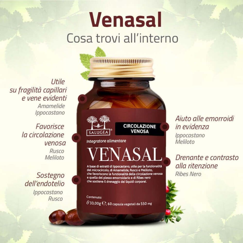 Flacone Venasal Salugea con elenco ingredienti e benefici per le vene.