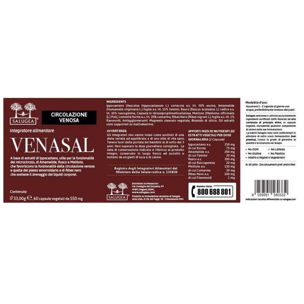 Retro del flacone Venasal Salugea con lista ingredienti e istruzioni.