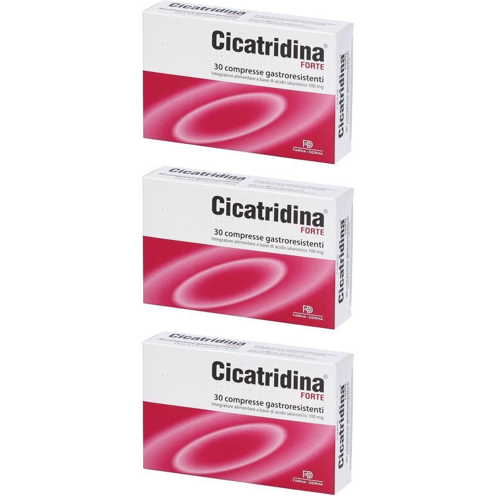 Tre confezioni di Cicatridina Forte, ciascuna con 30 compresse gastroresistenti.