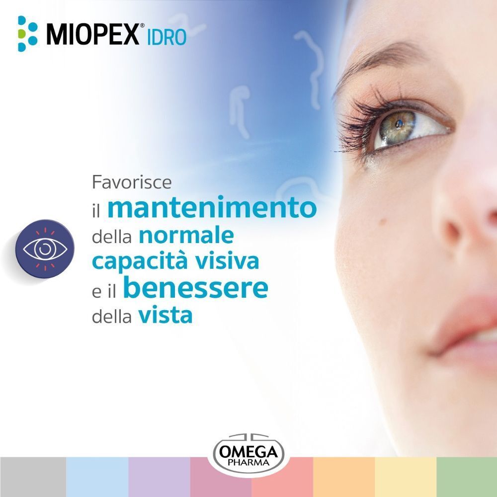 Primo piano di un occhio, con packaging MIOPEX® IDRO e benefici per la vista.