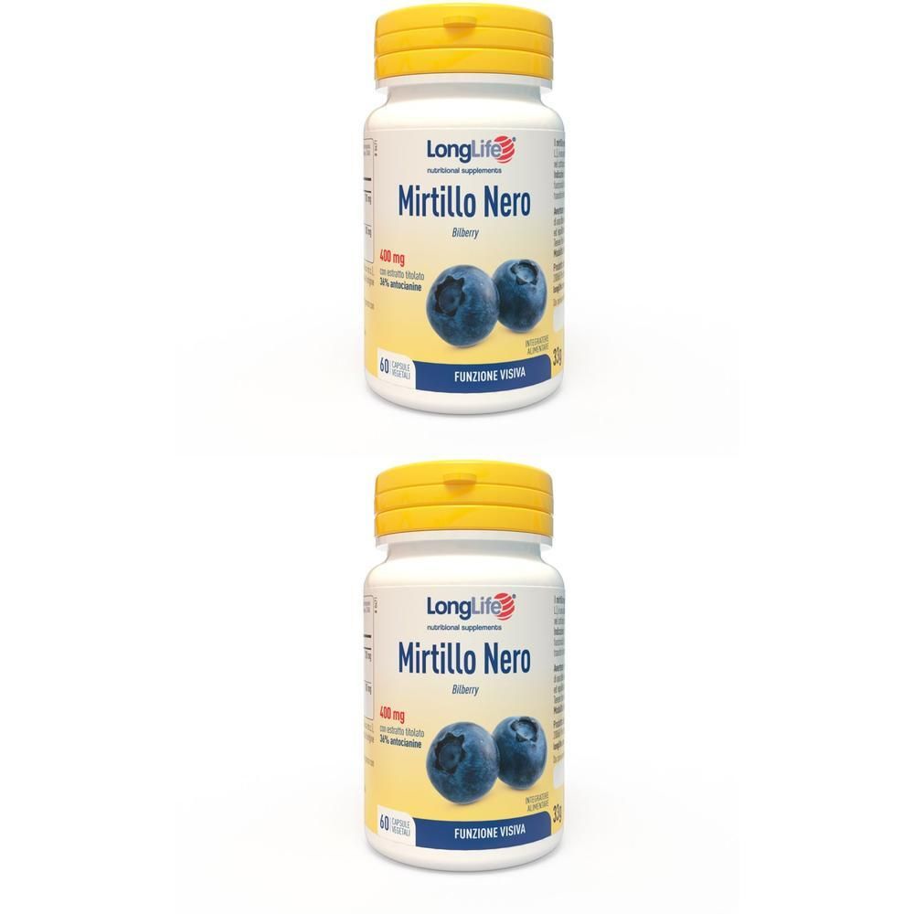 Due flaconi di LongLife Mirtillo Nero con immagine di mirtilli e tappi gialli.