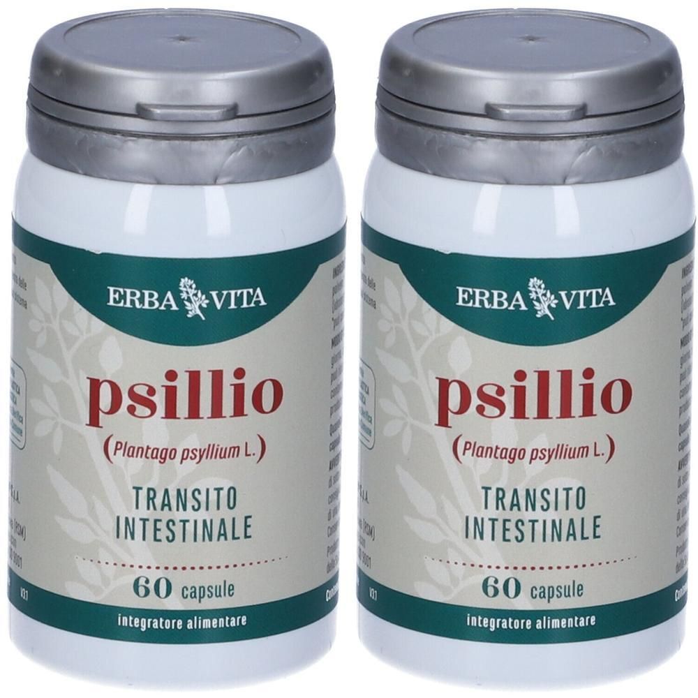 Due flaconi Erba Vita Psillio da 60 capsule per il transito intestinale.