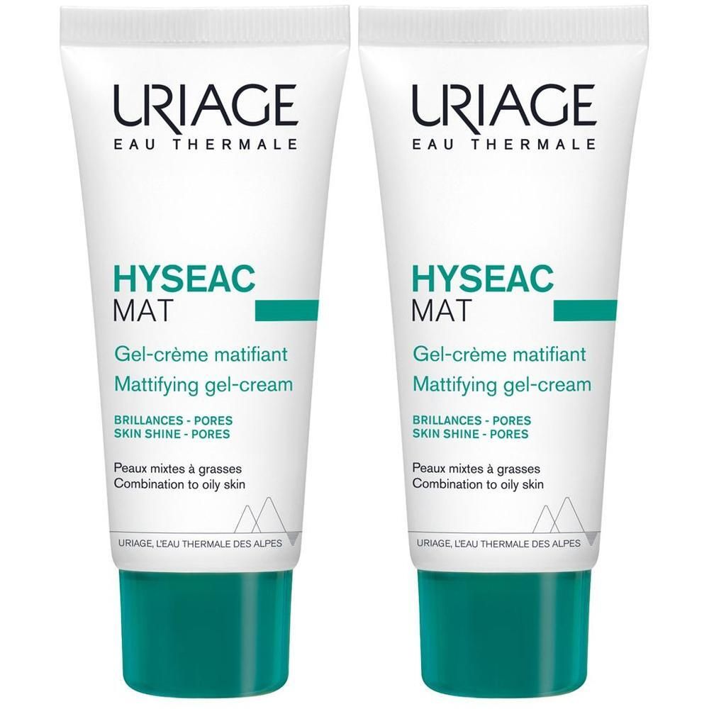 Due tubi di gel-crema opacizzante Uriage Hyseac Mat per pelli grasse.