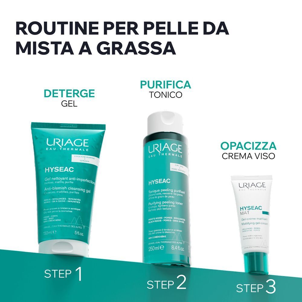 Routine Uriage Hyseac: detergere, purificare, opacizzare per pelli miste/grasse.