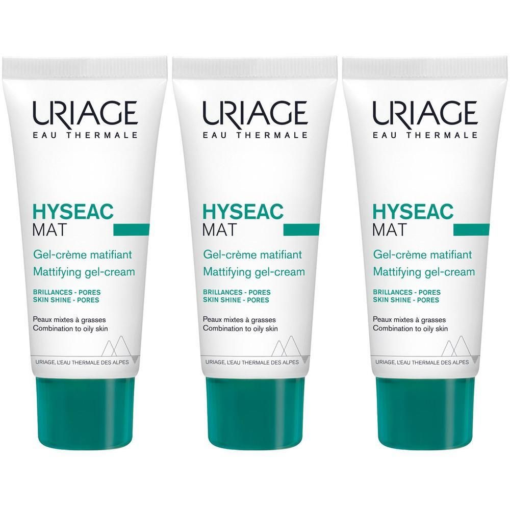 Tre tubi di Uriage Hyseac Mat Gel-crema opacizzante per pelle grassa.