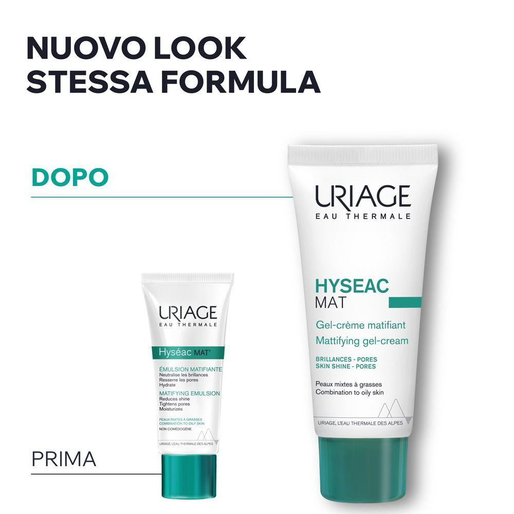 Nuovo look, stessa formula: Uriage Hyseac Mat Gel-crema opacizzante (prima e dopo).