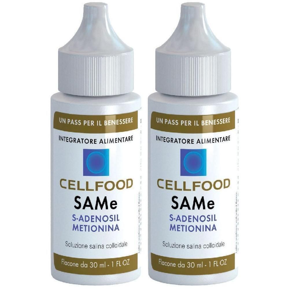 Due flaconi contagocce bianchi con etichette CELLFOOD SAMe, S-Adenosilmetionina, 30 ml.