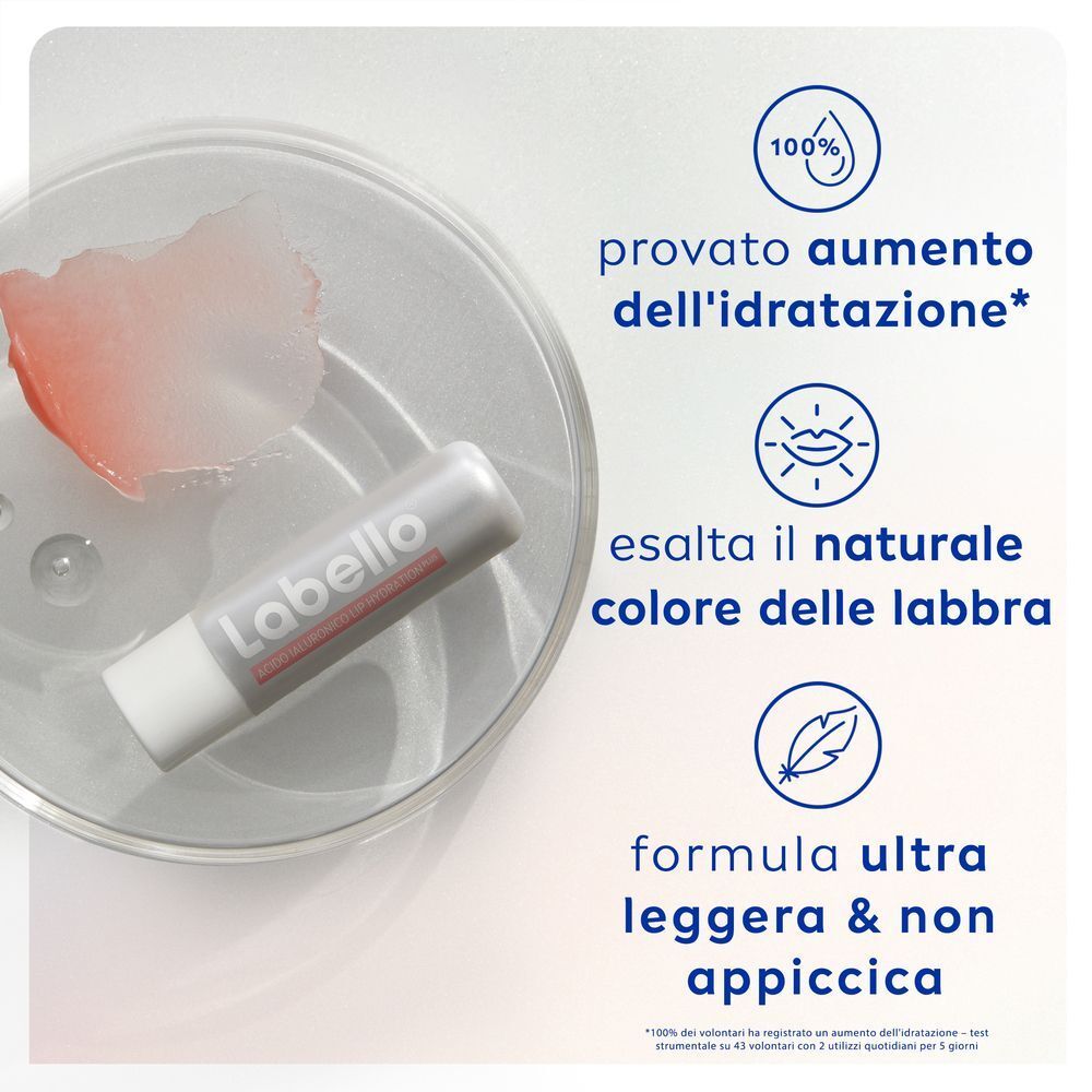 Balsamo labbra Labello Acido Ialuronico, mostra i benefici idratanti.