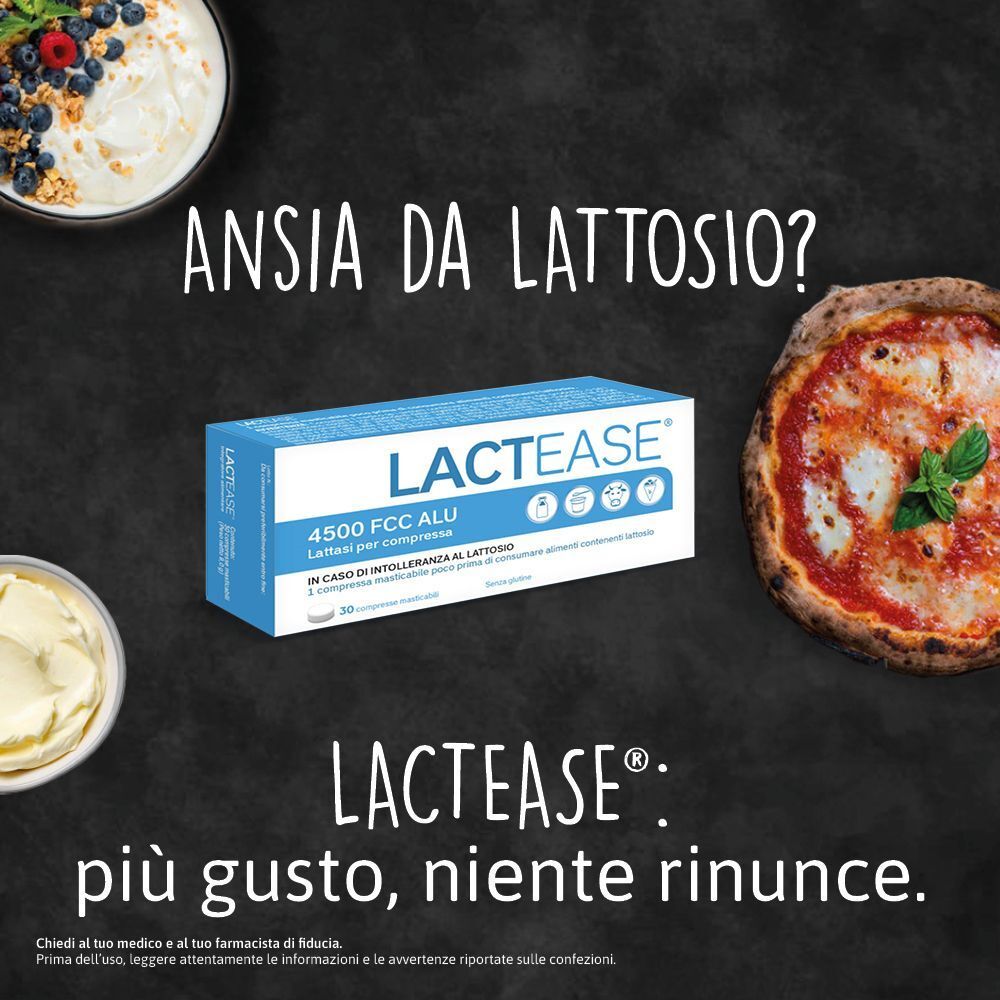 Confezione Lactease circondata da alimenti contenenti lattosio come pizza e yogurt. "Ansia da lattosio?"