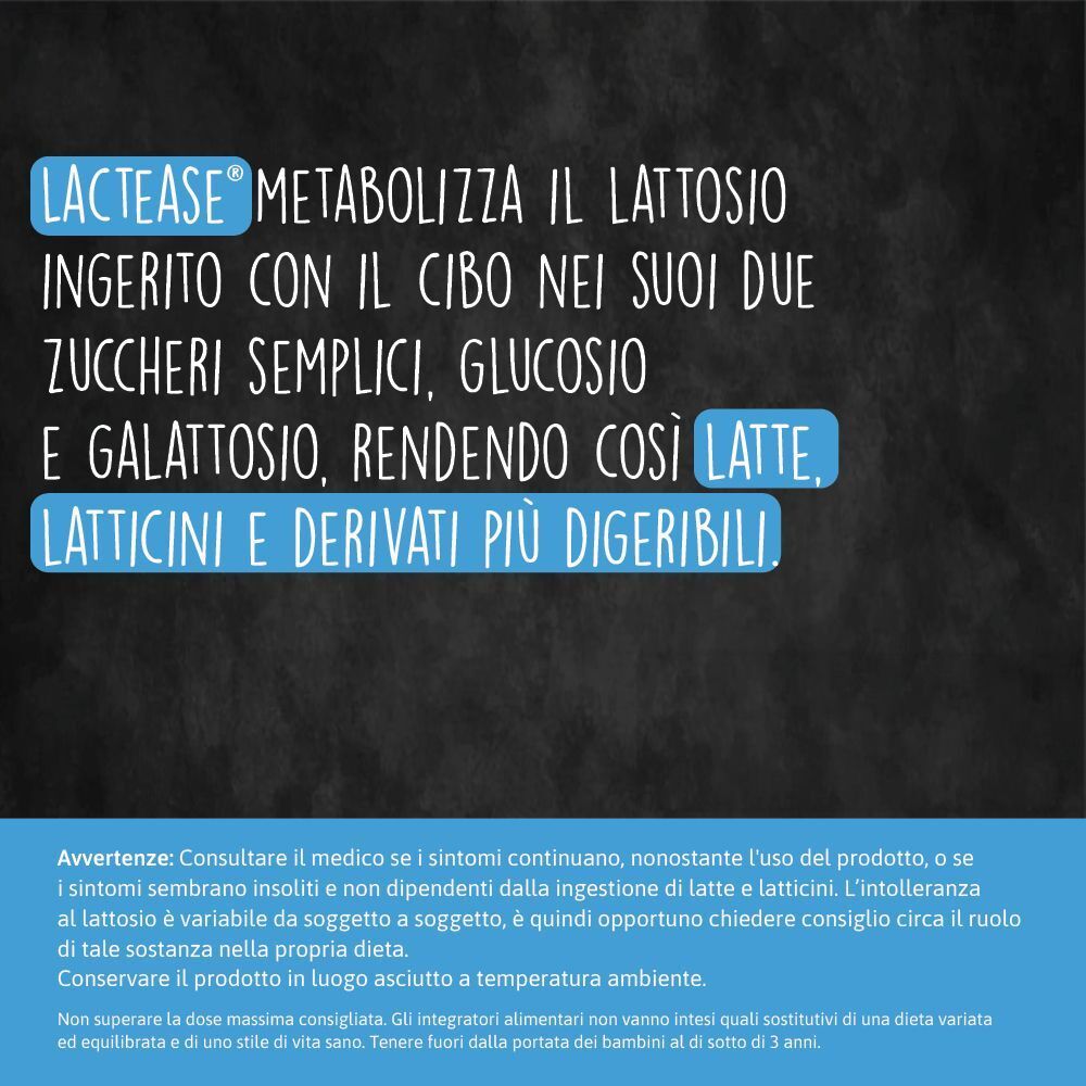 Testo che spiega come Lactease metabolizza il lattosio in glucosio e galattosio, rendendo i latticini più digeribili.