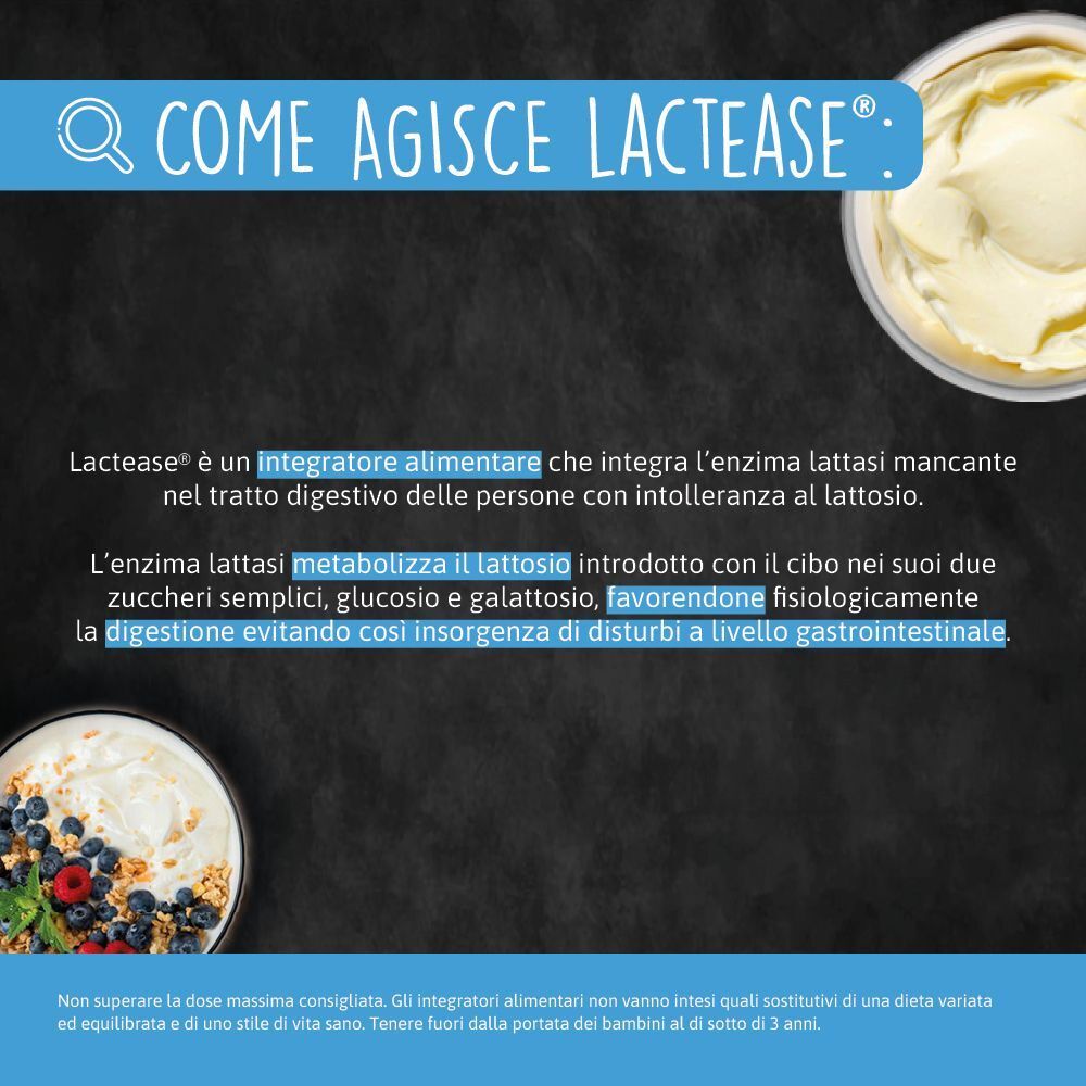 Spiegazione di come Lactease, integratore alimentare, integra l'enzima lattasi mancante e favorisce la digestione.