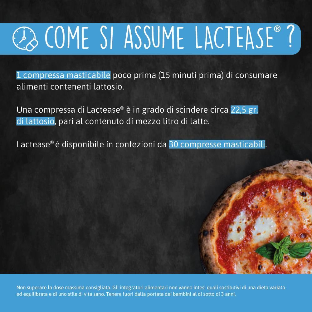 Istruzioni per l'uso di Lactease: 1 compressa masticabile prima di alimenti contenenti lattosio. 30 compresse per confezione.
