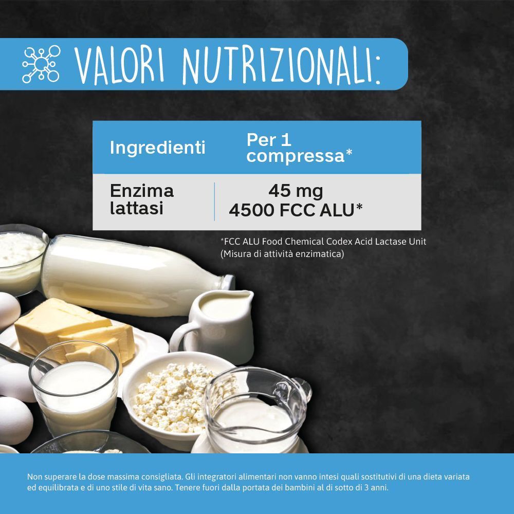 Informazioni nutrizionali Lactease: 45 mg di enzima lattasi per compressa (4500 FCC ALU). Prodotti lattiero-caseari sullo sfondo.