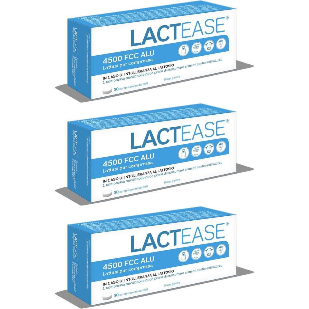 Tre confezioni di Lactease 4500 FCC ALU compresse masticabili per intolleranza al lattosio.