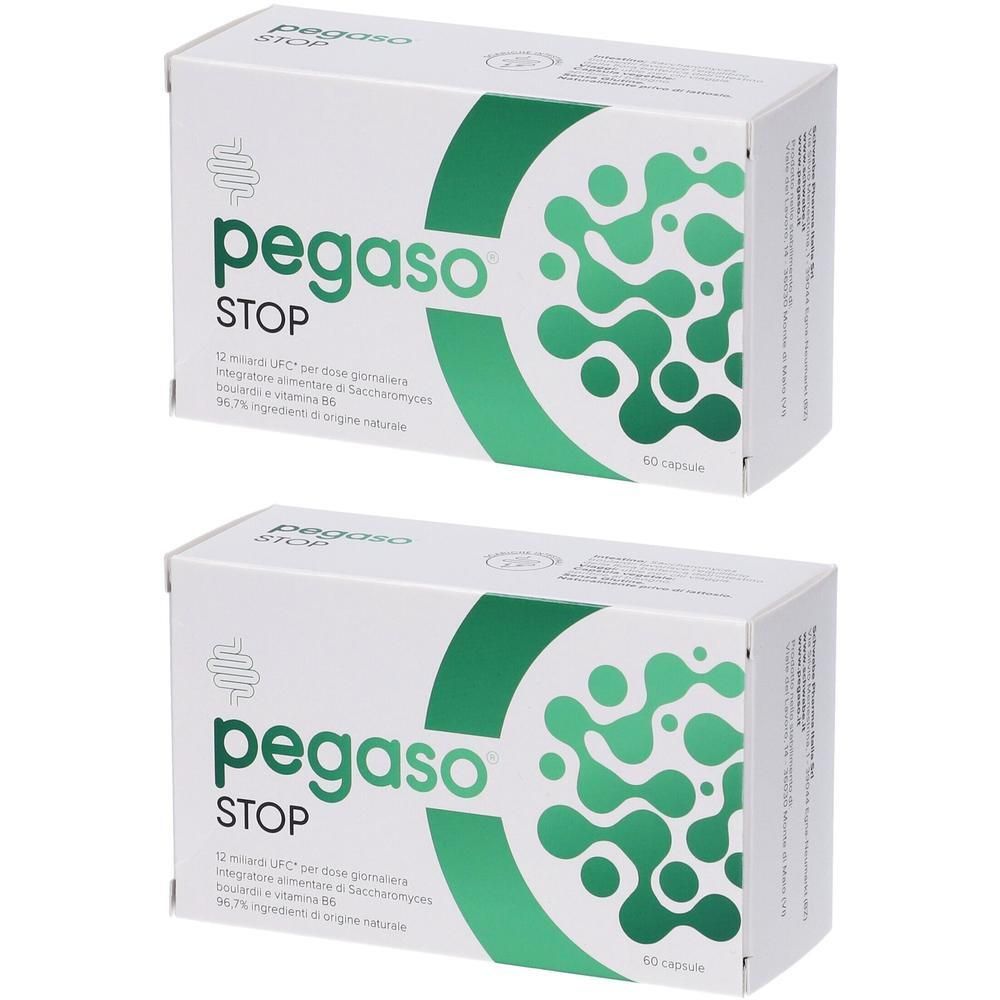 Due confezioni di capsule Pegaso Stop, imballaggio bianco e verde, con simbolo intestinale e struttura molecolare.