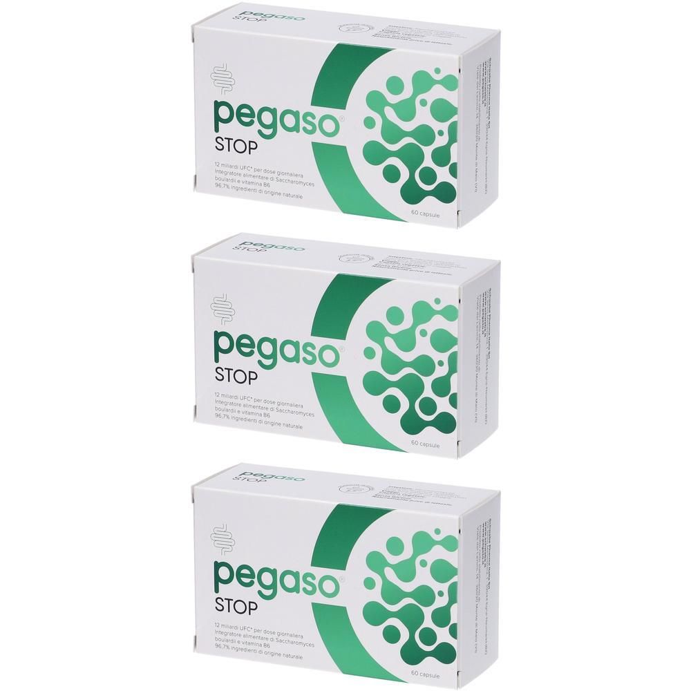 Tre confezioni di capsule Pegaso Stop con motivo verde.