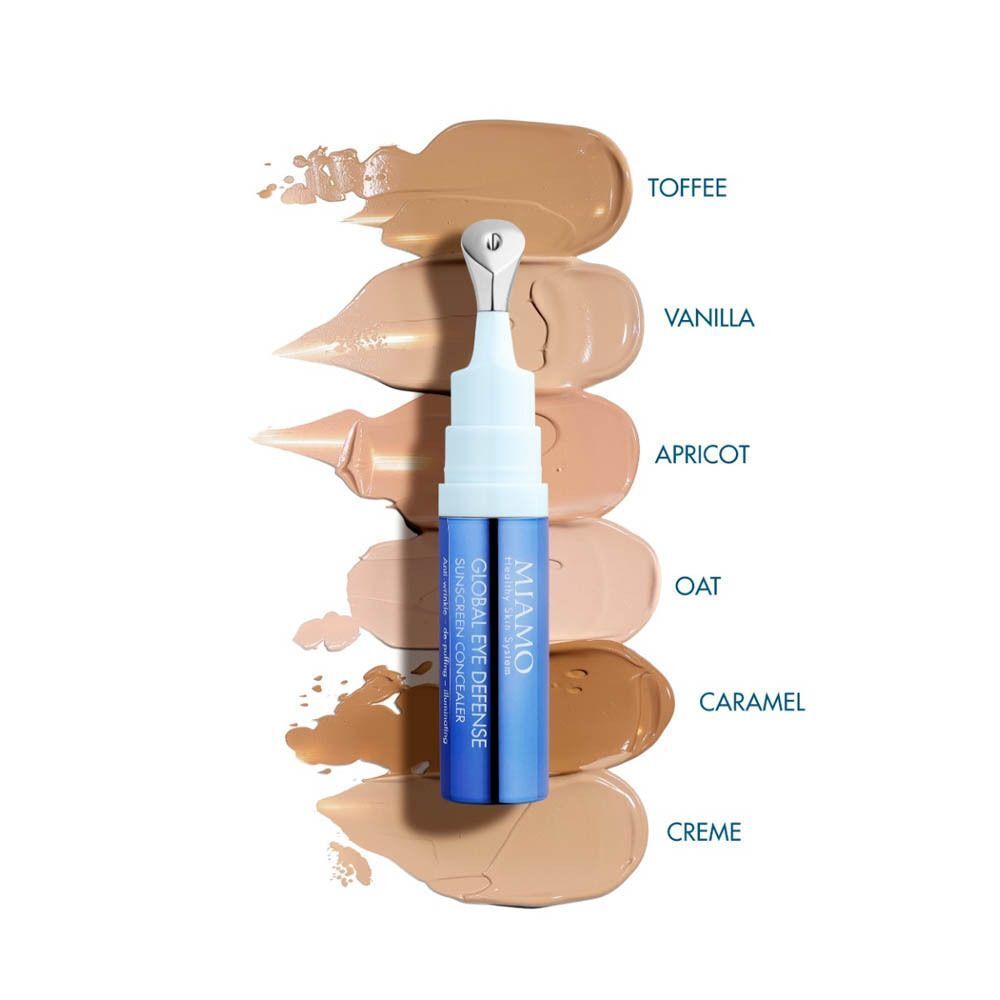 MIAMO Global Eye Defence Sunscreen Concealer SPF 30 con campioni di colore: Toffee, Vanilla, Apricot, Oat, Caramel, Creme.