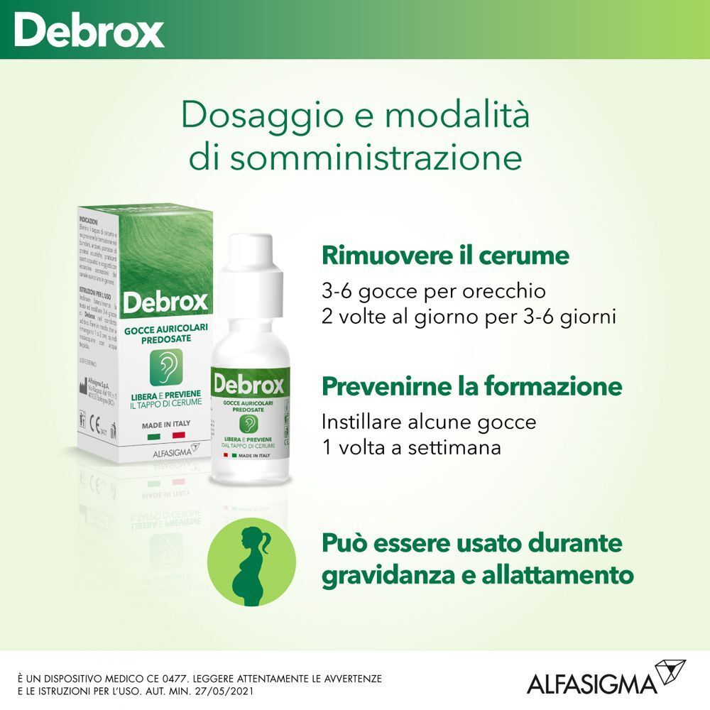 Gocce auricolari Debrox: dosaggio e modalità di somministrazione, adatte a gravidanza e allattamento.