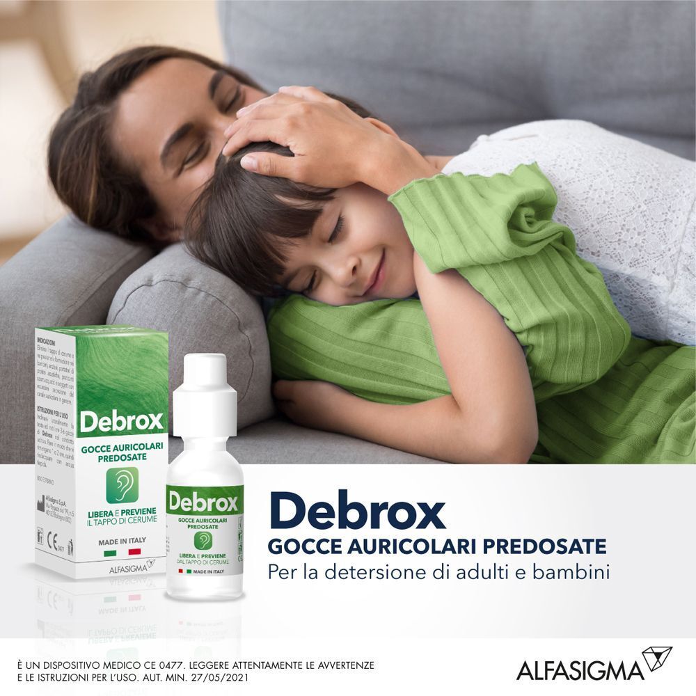 Gocce auricolari Debrox, flacone e confezione, per adulti e bambini.