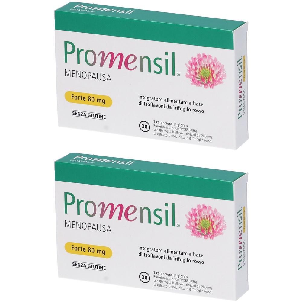 Due confezioni di Promensil Menopausa Forte 80 mg, senza glutine.