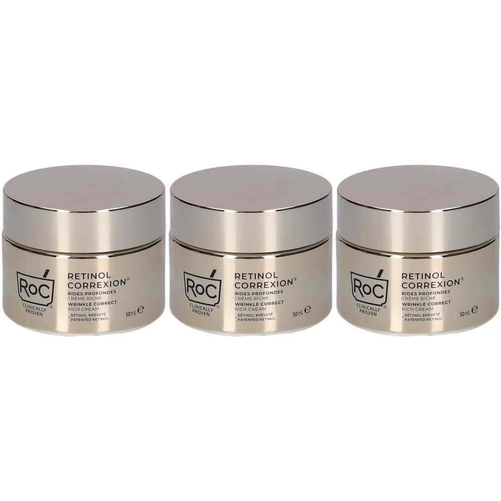 Tre vasetti di Roc Retinol Correxion Rich Cream con coperchi argentati.