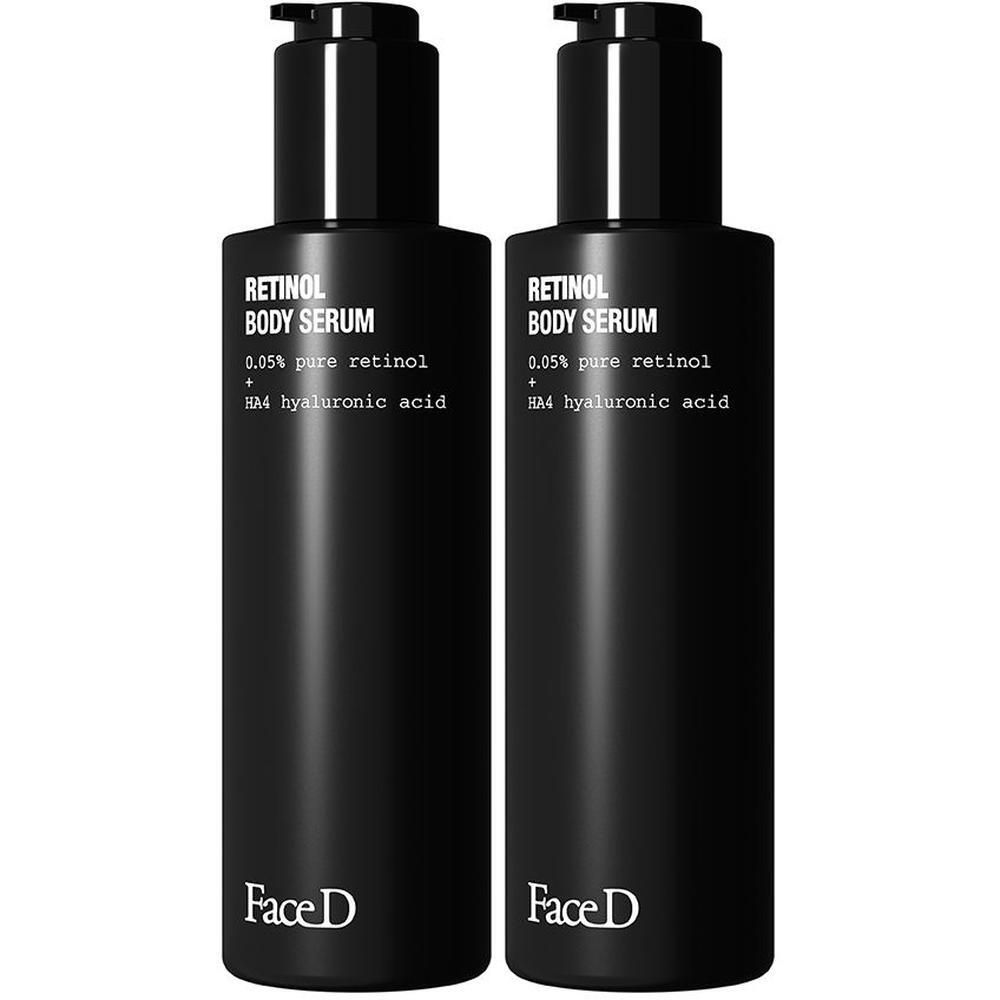 Due flaconi neri con dispenser, etichetta "Retinol Body Serum" e logo "Face D".
