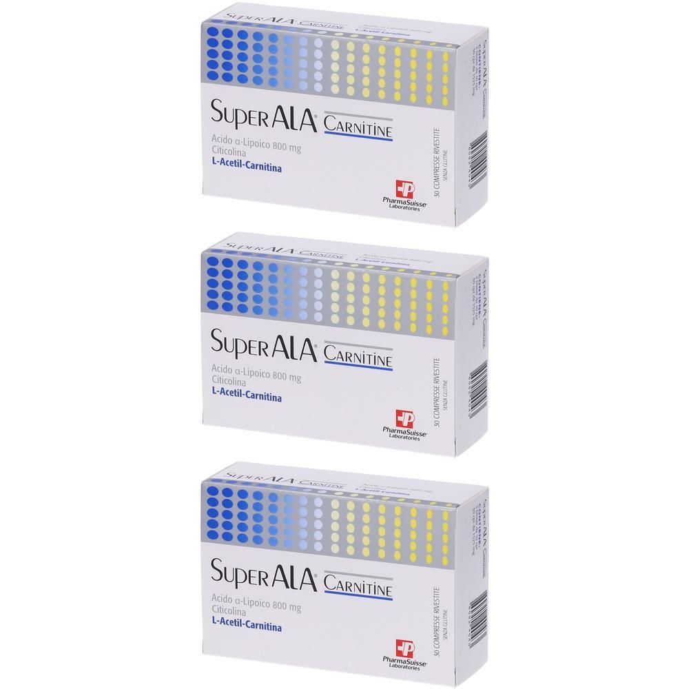 Tre confezioni di SuperALA Carnitina, 30 compresse ciascuna. Contiene L-Acetil-Carnitina.