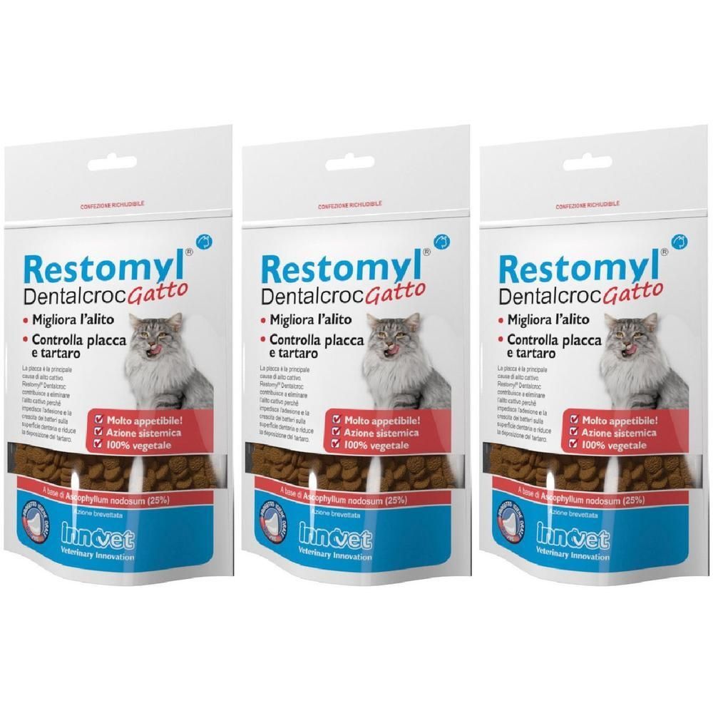 Tre confezioni di Restomyl Dental Gatto per gatti. Contiene crocchette.
