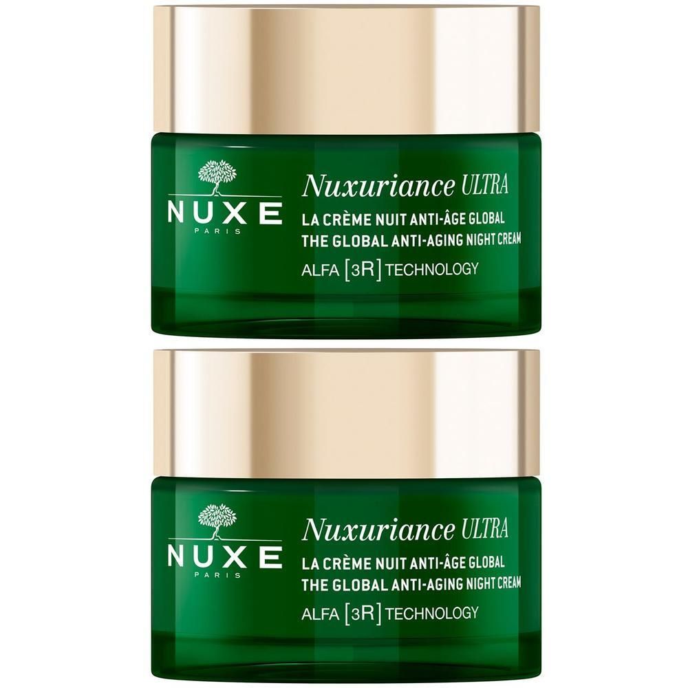 Due vasetti Nuxe Nuxuriance Ultra con tappi dorati, contenitori in vetro verde.