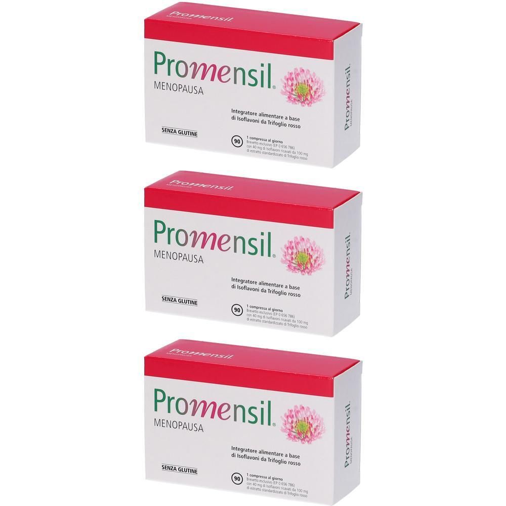 Tre confezioni di Promensil Menopausa, un integratore alimentare.