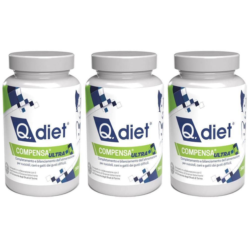 Tre barattoli di Q.diet COMPENSA ULTRA per la supplementazione alimentare.