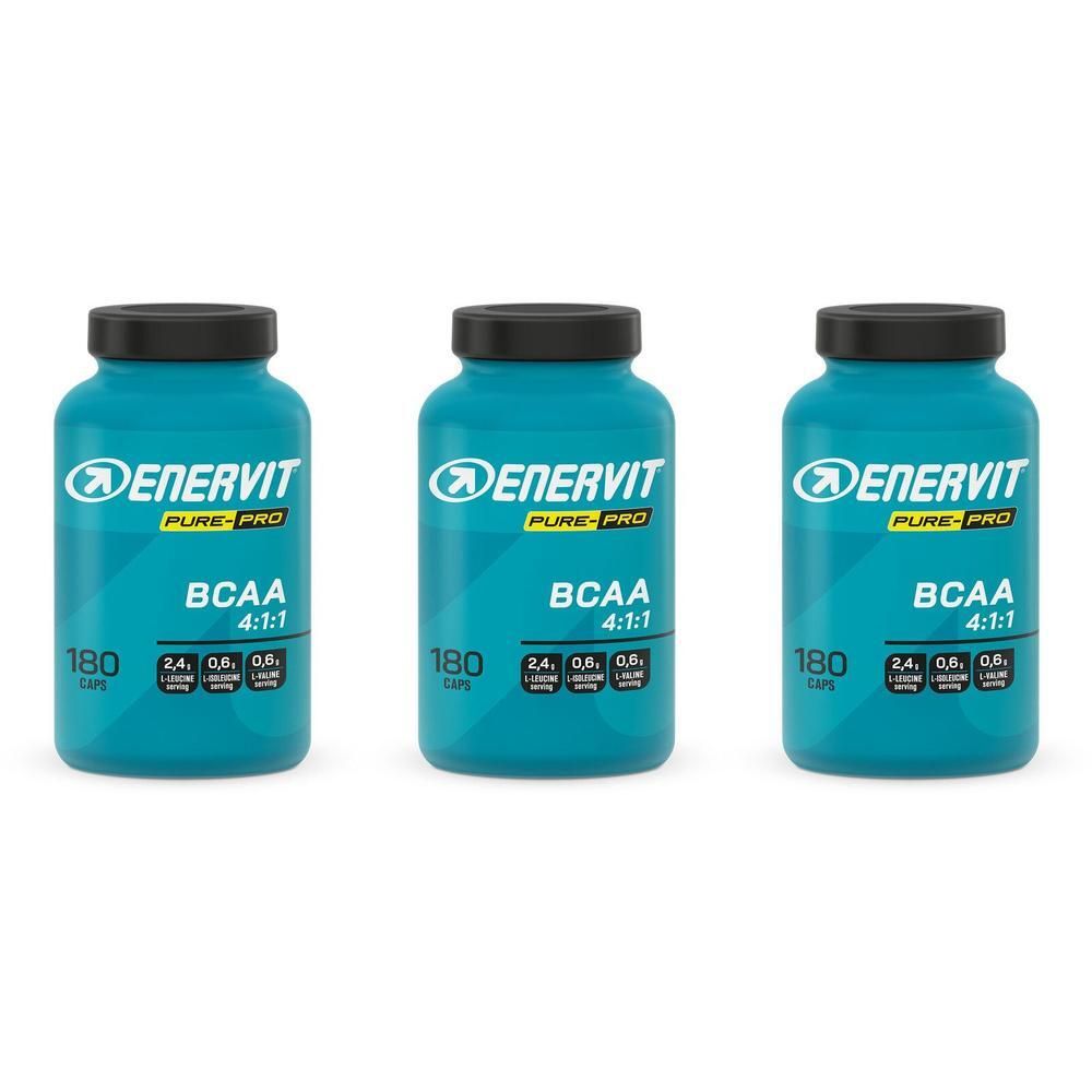 Tre flaconi ENERVIT Pure-Pro BCAA 4:1:1, 180 capsule per flacone.