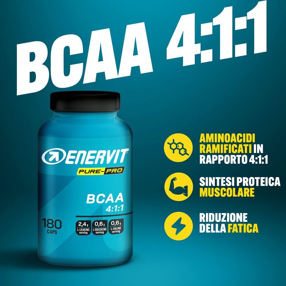 Flacone ENERVIT Pure-Pro BCAA 4:1:1, 180 capsule. Aminoacidi, sintesi proteica muscolare, riduzione della fatica.